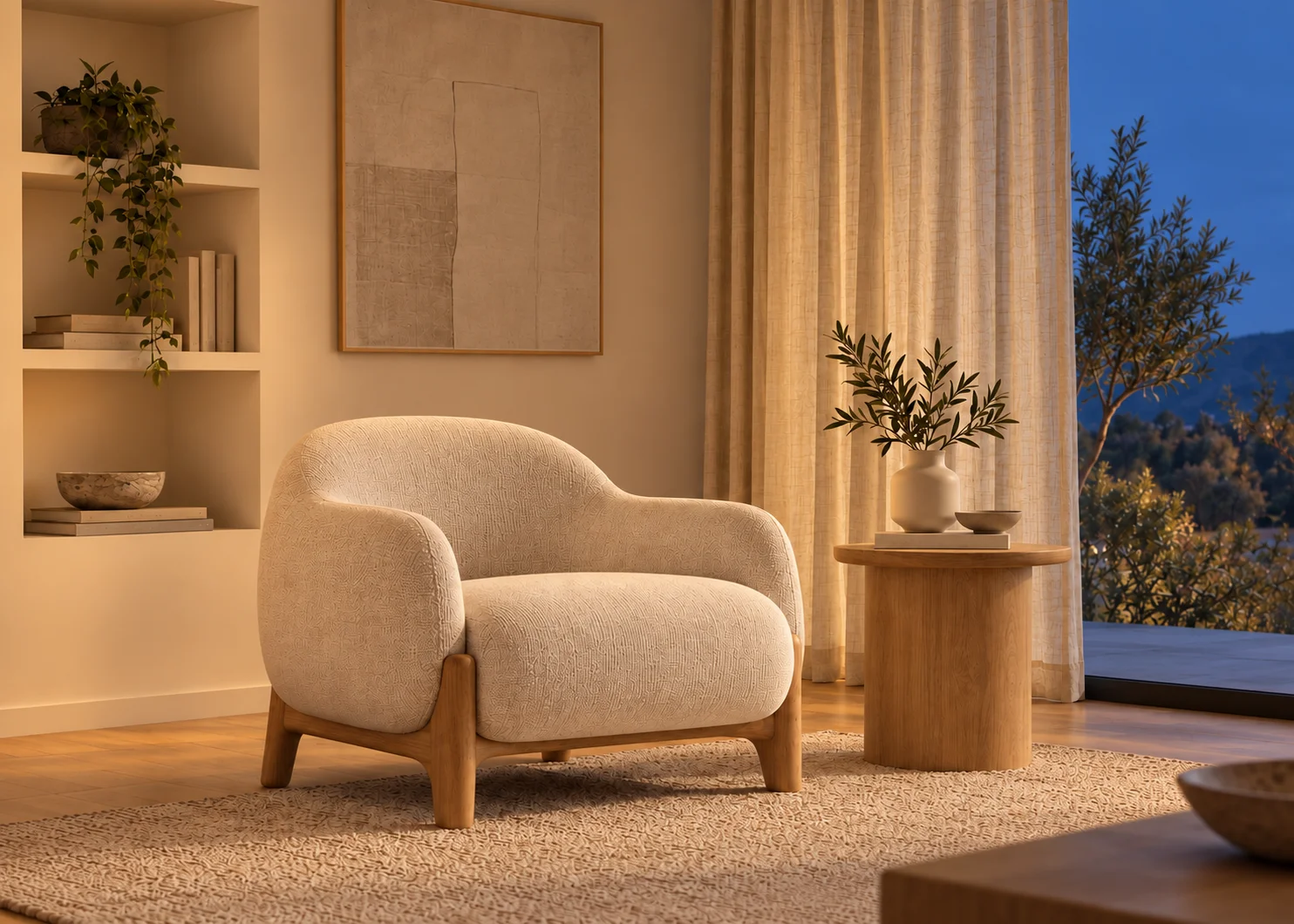 Sculptural chair in a warmly lit interior