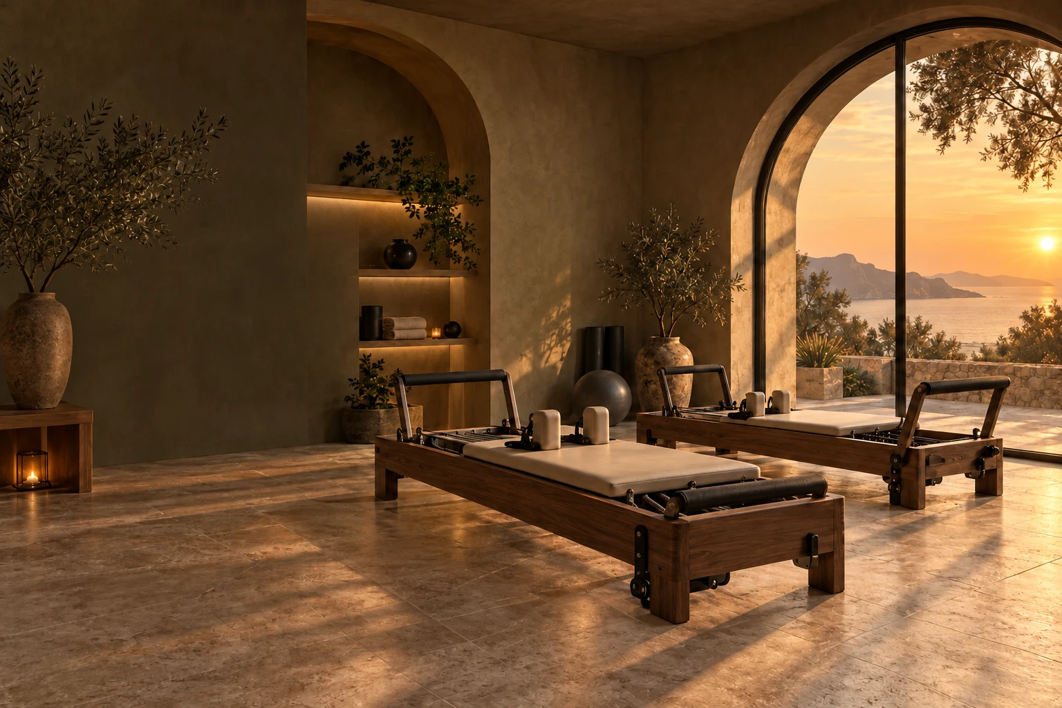 The same wellness studio at dusk